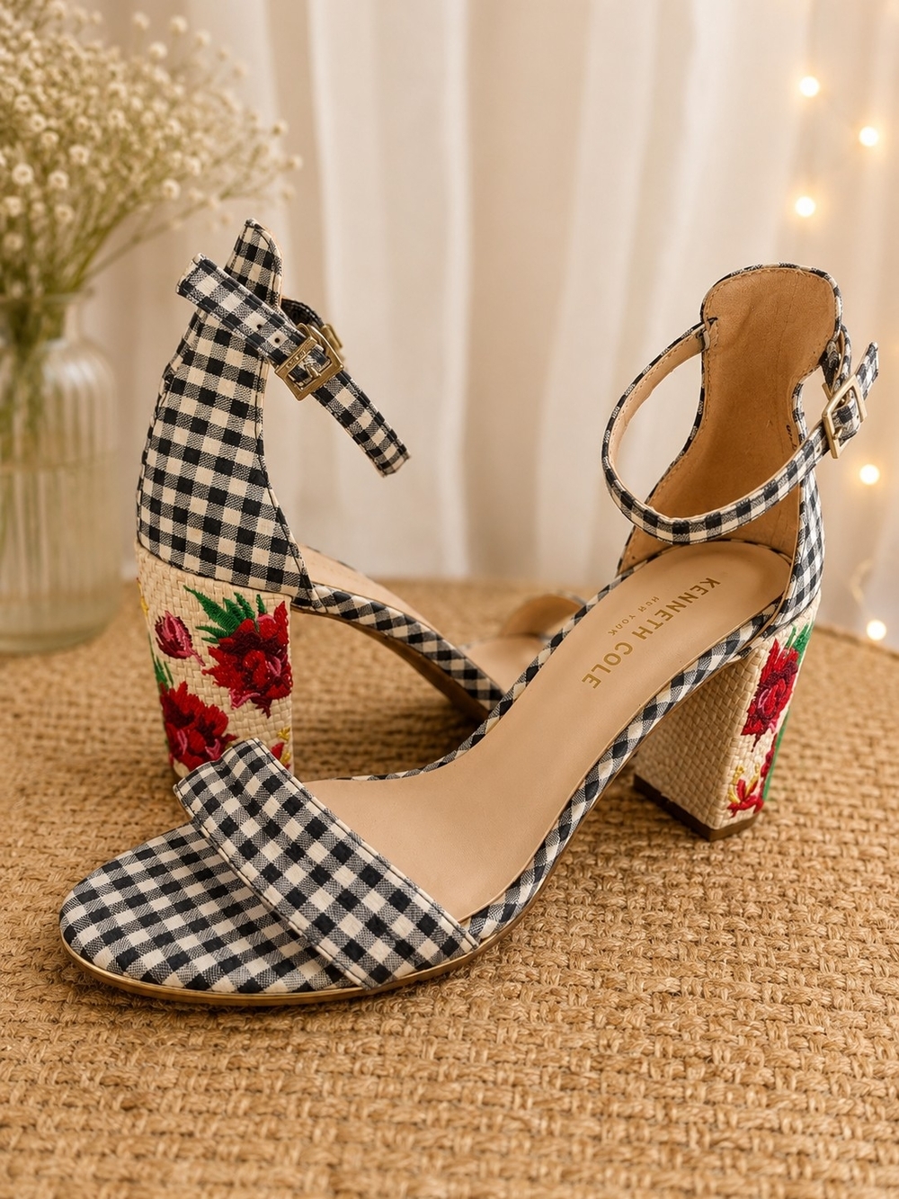 Kenneth Cole Black Gingham Embroidered Block Heel Sandals
